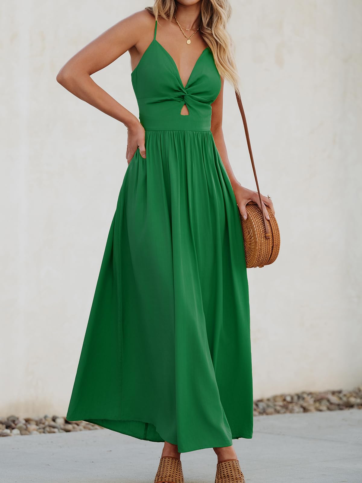 CUPSHE Damen Kleid V Ausschnitt Twist vorne Blumendruck Verstellbares Cami Maxikleid Freizeitkleider Boho Beach Maxi Dress Grün M