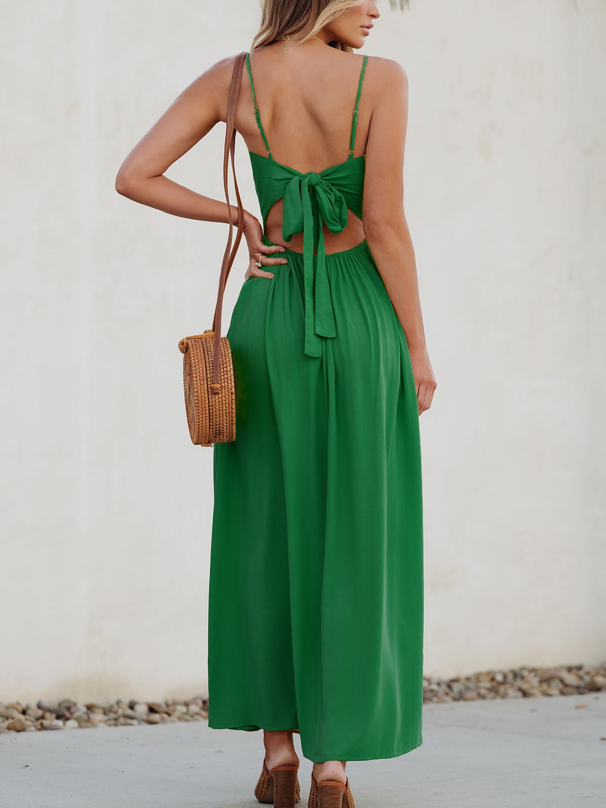 CUPSHE Damen Kleid V Ausschnitt Twist vorne Blumendruck Verstellbares Cami Maxikleid Freizeitkleider Boho Beach Maxi Dress Grün M