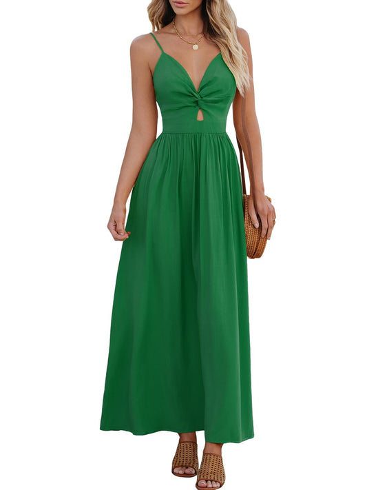 CUPSHE Damen Kleid V Ausschnitt Twist vorne Blumendruck Verstellbares Cami Maxikleid Freizeitkleider Boho Beach Maxi Dress Grün M